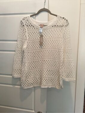 Chico's Open Knit Crochet Top in white